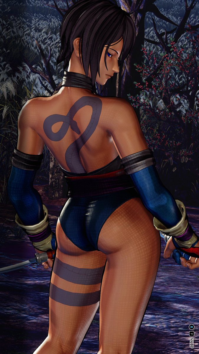 1girls 3d ass back_tattoo big_ass black_hair blue_eyes bubble_butt dat_ass female female_only highres legs leotard looking_at_viewer looking_back samurai_shodown shiki_(samurai_shodown) short_hair snk tattoo thighs weapon