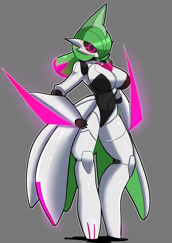 breasts, female, female only, green hair, grey background, hand on hip, iron valiant, large breasts, nintendo, paradox pokemon, pink eyes, pokémon (species), pokemon, pokemon (species), pokemon sv, robot, robot girl, robot humanoid, robot joints