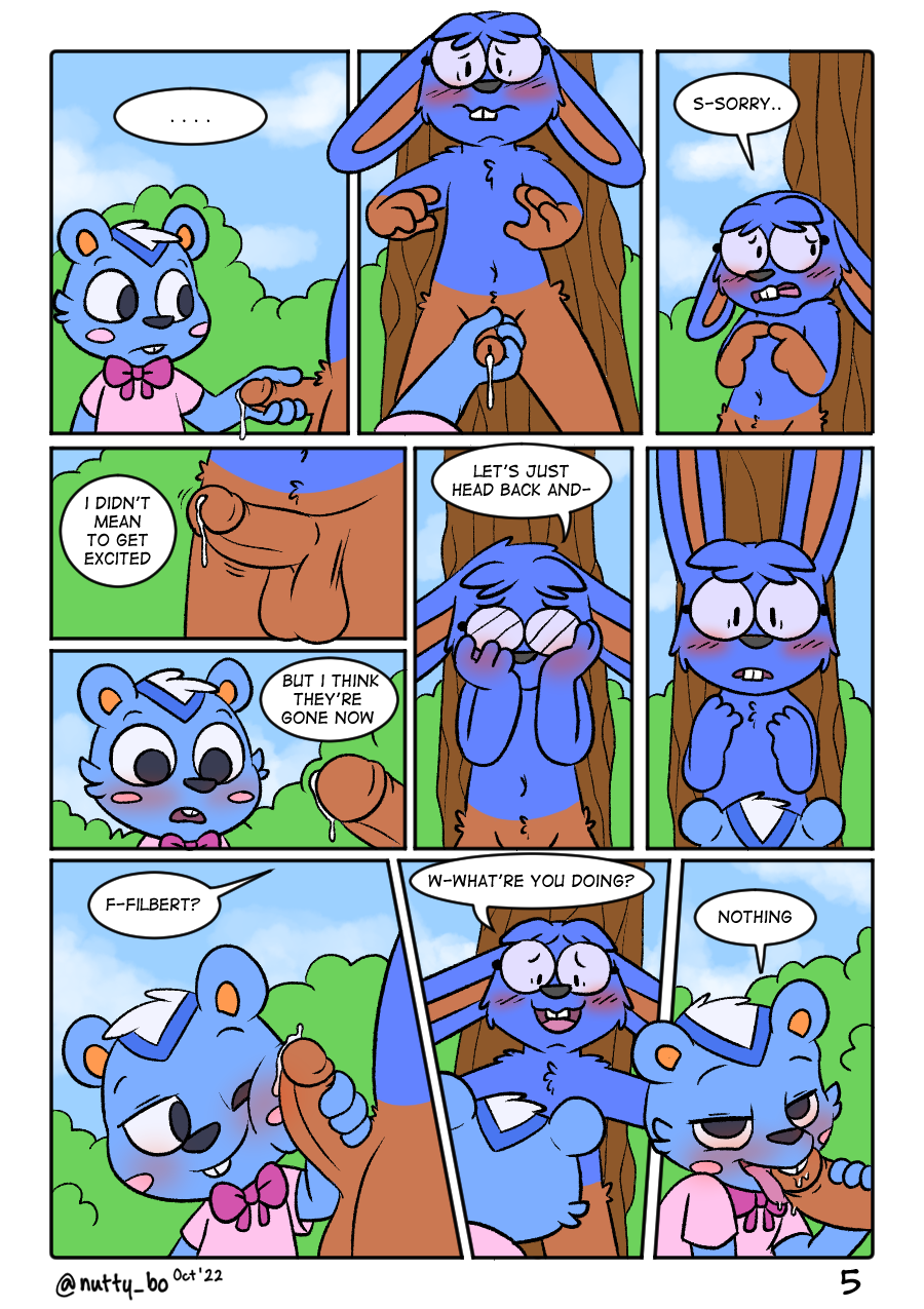 2022 animal_crossing blue_body blue_fur blush bodily_fluids clothed clothing comic dialogue doc_(animal_crossing) embarrassed english_text erection exposed eyewear fellatio filbert_(animal_crossing) fur genital_fluids genitals glasses hair hand_on_penis hi_res lagomorph leporid mammal nintendo nude nutty_bo oral page_5 penile penis penis_on_face precum rabbit rodent sciurid sex text video_games