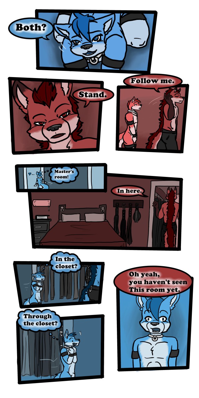 1:2 2017 9:18 all_fours anthro biped canid cobalt_(tatsuchan18) collar comic detailed_background dialogue duo english_text fenrir_(tatsuchan18) fur hair hi_res male mammal open_mouth speech_bubble standing tatsuchan18 text thought_bubble