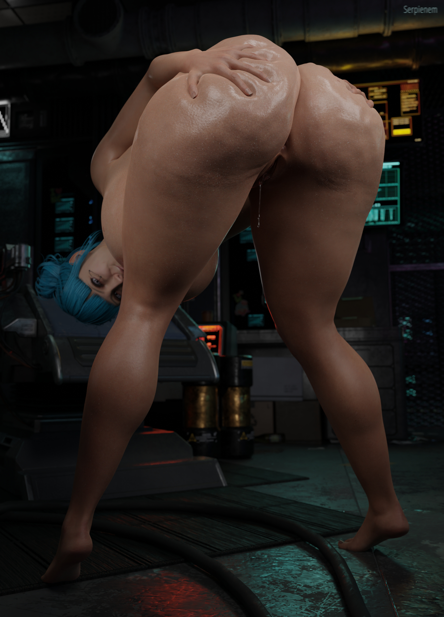 1girls, 3d, 3d (artwork), ass, ass focus, big ass, big breasts, blue moon (cyberpunk 2077), breasts, cd projekt red, cyberpunk 2077, dripping, fat ass, female, grabbing own ass, huge ass, serpienem, solo