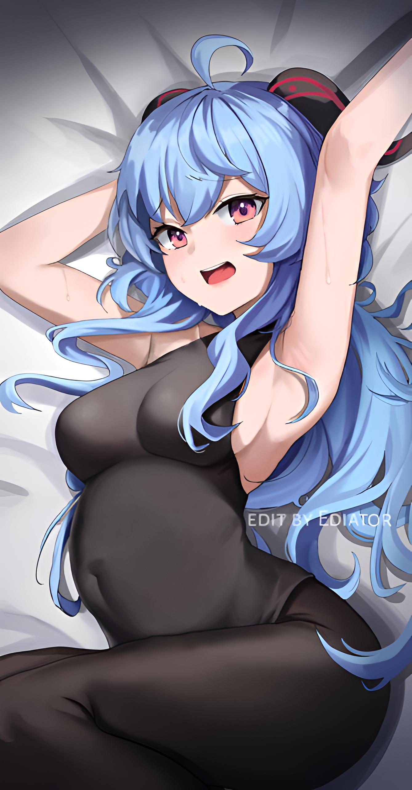 1girls, blue hair, female, ganyu (genshin impact), genshin impact, hair ornament, hyper belly, pregnant