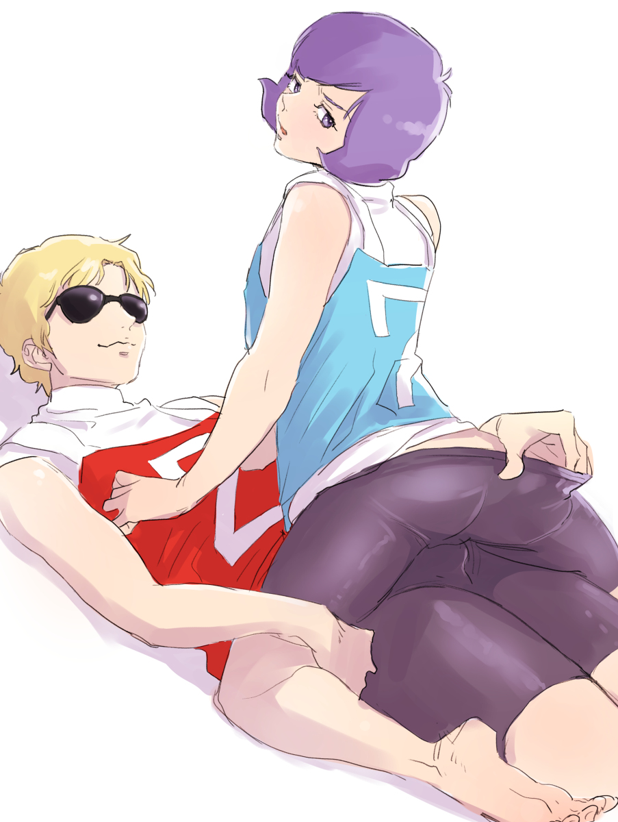 2boys bike_shorts blonde_hair blush bulge char_aznable dokata_s feet garma_zabi grinding gundam gym_clothes gym_shorts hand_in_pants legs male_focus males_only pulling_pants_down purple_eyes purple_hair sunglasses tight_clothing tight_shorts tights yaoi