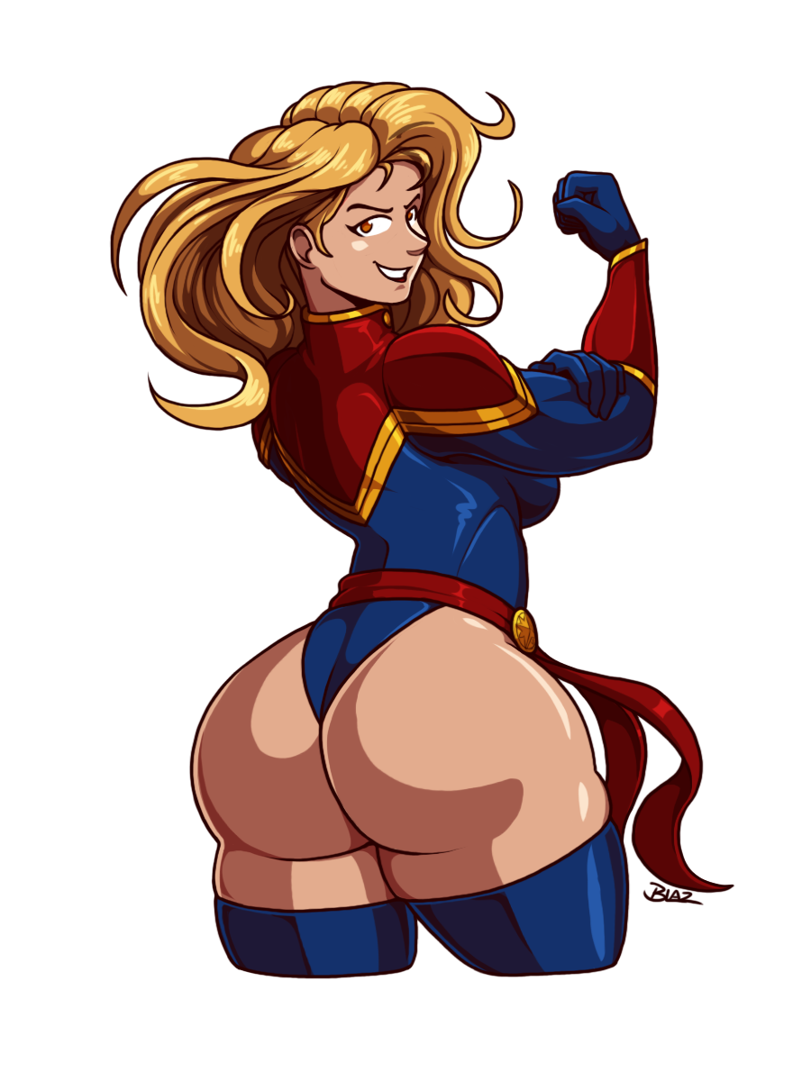 1girls ass ass_focus bare_ass big_ass big_butt blazbaros blonde_hair caked_up captain_marvel carol_danvers cheesecake female female_only hair happy huge_ass human human_only light-skinned_female light_skin long_hair looking_at_viewer looking_back marvel pose rear_view signature smile solo standing teeth thighhighs thighs we_can_do_it white_background