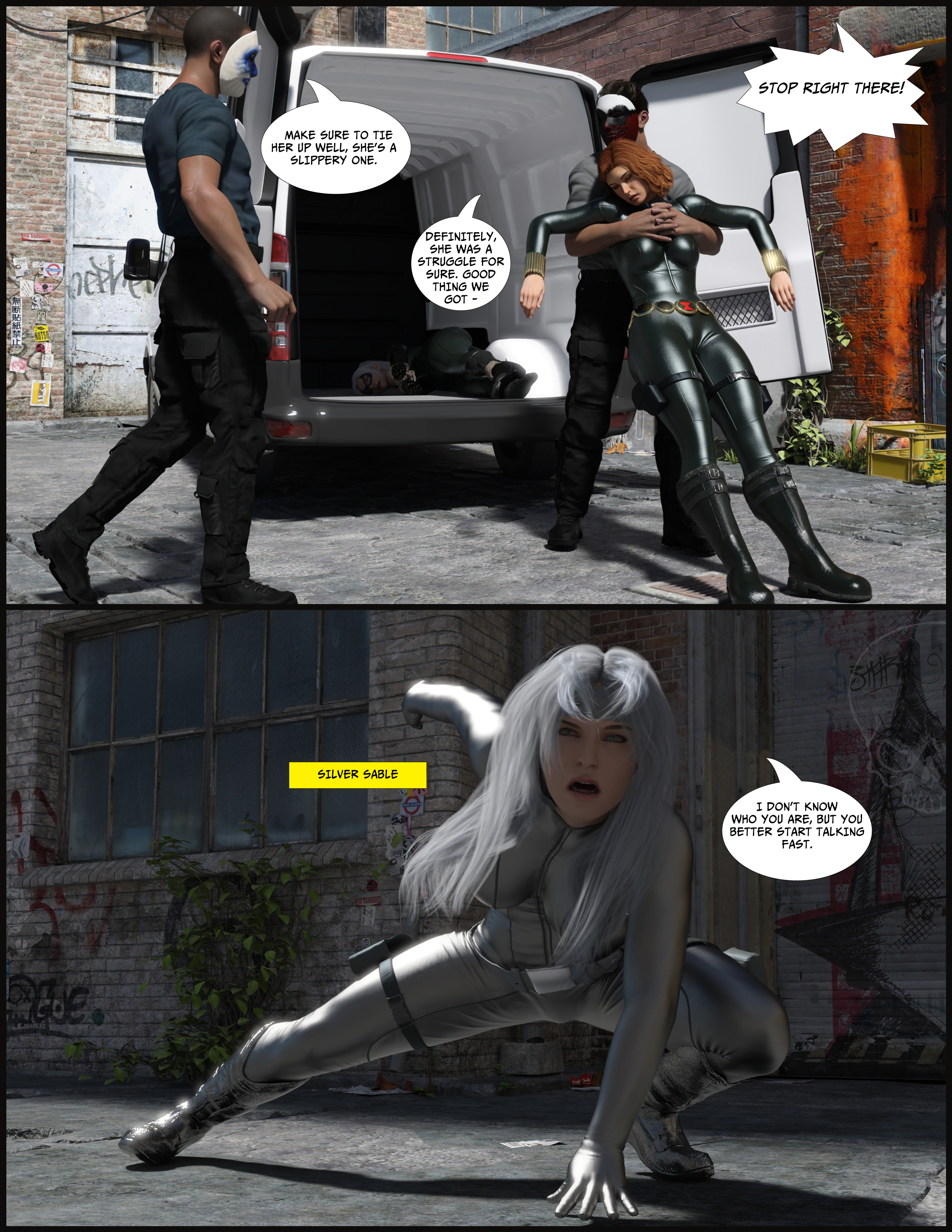 1girls, 2boys, 3d, 3d (artwork), athletic, athletic female, black cat (insomniac), black cat (marvel), black widow (marvel), blowjob, blowjob face, bodysuit, bondage, captured, captured heroine, captured superheroine, clothed, comic, defeated, defeated heroine, domination, elmeistro, english text, felicia hardy, female, forced, huge cock, knocked out, leather, male, maledom, marvel, marvel comics, marvel's avengers (game), natasha romanoff, penis, pleasuring the enemy, rape, rope, rope bondage, sex slave, silver eyes, silver hair, silver sable, silver sable (insomniac), silver sablinova, sleep molestation, sleep sex, spider-man (ps4), spider-man (series), superhero, superheroine, text, tied up, tight clothing, unconscious