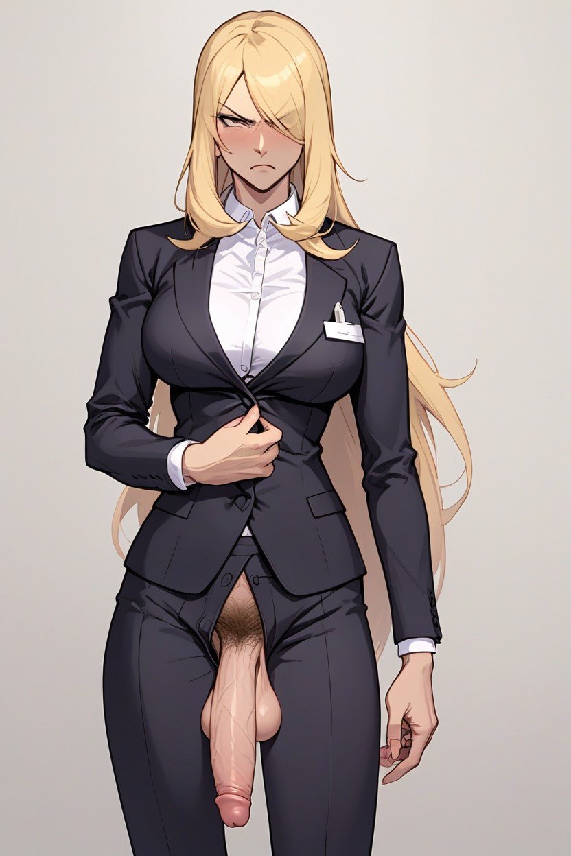 ai_generated angry blonde_hair business_suit business_woman cynthia_(pokemon) flaccid futanari hairy long_hair pubic_hair saggy_balls suit veiny_penis