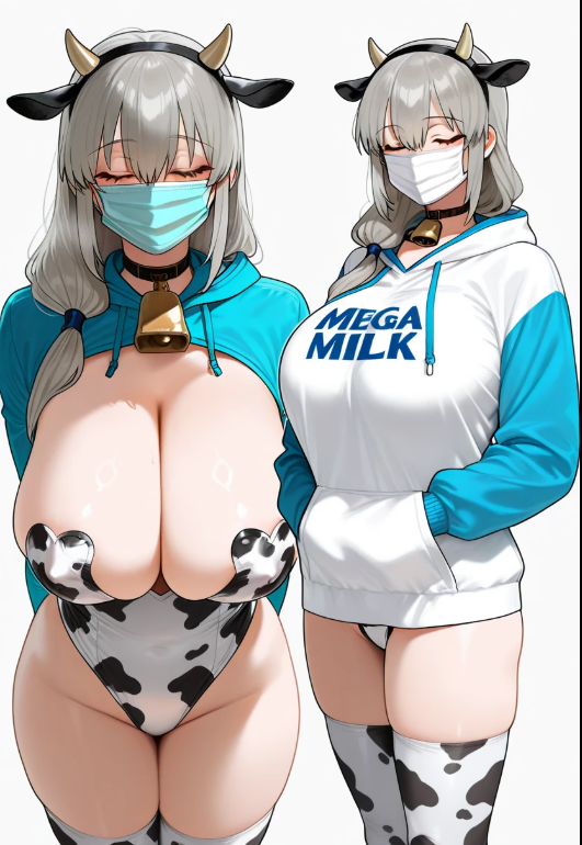 ((surgical , 2koma, after, ai_generated and arms at back, background, before behind blush, bovine breasts, choker, cleavage, closed cosplay, cowbell, elbow eyes, fake girl gloves, grey hair, hands hoodie, horns, in large leotard, long looking mask)), mega milf milk mommy mother motherly multiple outfit, pasties, perky plait, pockets, print, rating_questionable reverse side simple smile, standing, thighhighs, tsuki, uzaki uzaki-chan_wa_asobitai! uzaki_tsuki viewer, views,