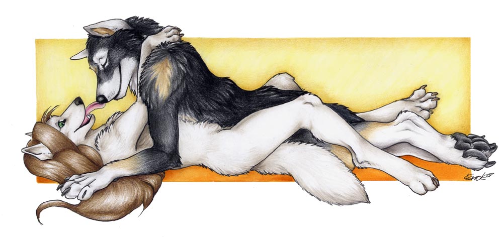 anthro canine closed_eyes couple female fur furry hindpaw jos korrok licking male missionary_position nimdi-nilin on_back semi-anthro sex straight tongue