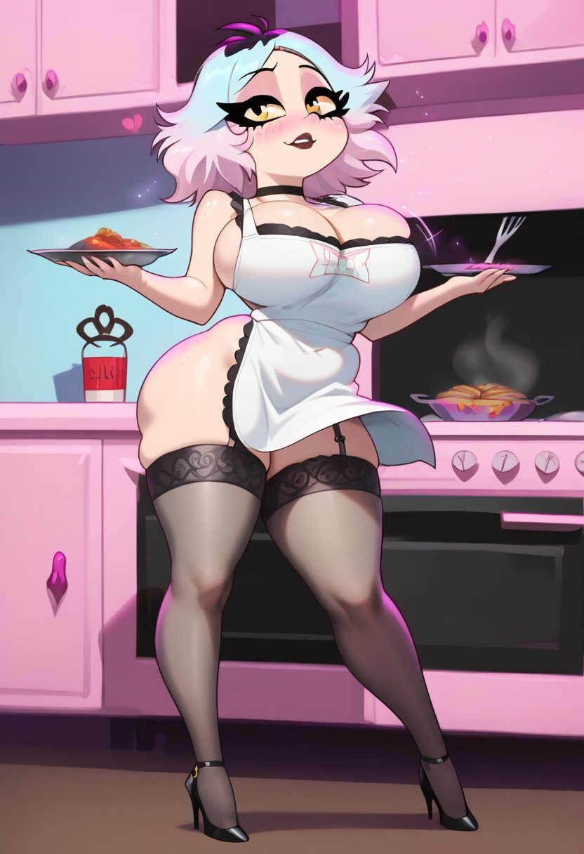 ai_generated ass breasts cleavage emberlynn_pinkle food gondor952 helluva_boss high_heels huge_ass kitchen makeup nude_apron thighhighs