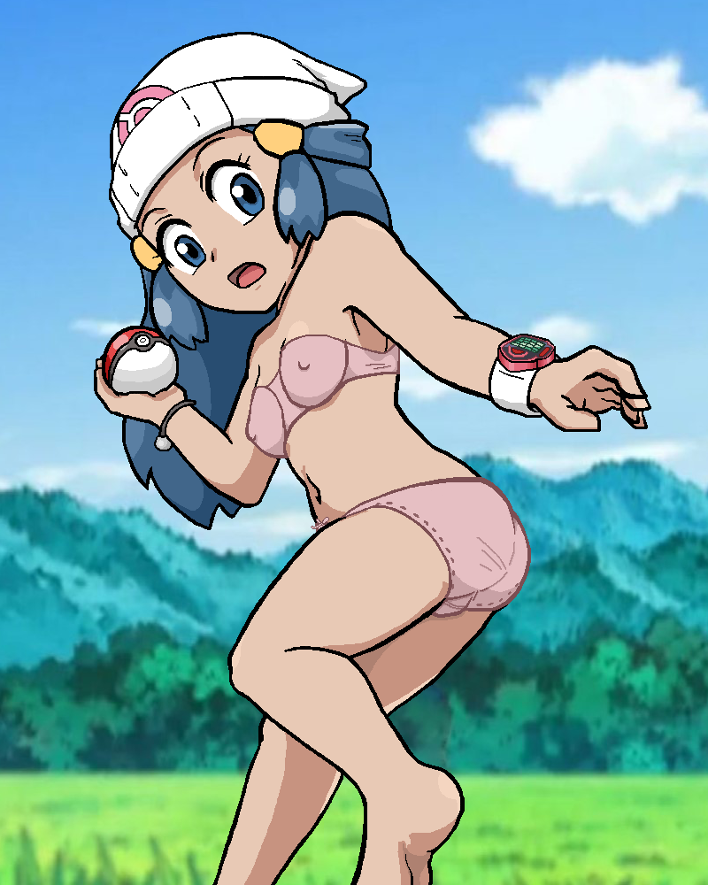 1girls ass ass_focus barefoot blue_hair breasts dawn_(pokemon) feet female female_only hat hat_only no_skirt npc npc_trainer panties poke_ball pokemon pokemon_dppt pokemon_trainer shoes_removed soles witchuus