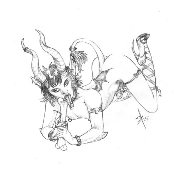 1boy artist_initials collar crossdressing demon erection hooves horns humanoid humanoid_penis licking male male_nipples male_only nipple_piercing nipple_rings nude_male penis piercing pointy_ears seraph_(artist) tail tail_tuft tongue tongue_out wings