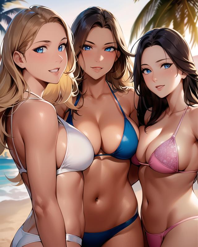 3girls ai_generated ai_mirror beach belly_button bikini blonde_hair blue_bikini blue_eyes blush breasts_squeeze brown_hair long_hair looking_at_viewer medium_breasts palm_tree pink_bikini sea seaside side_view standing together white_bikini white_skin