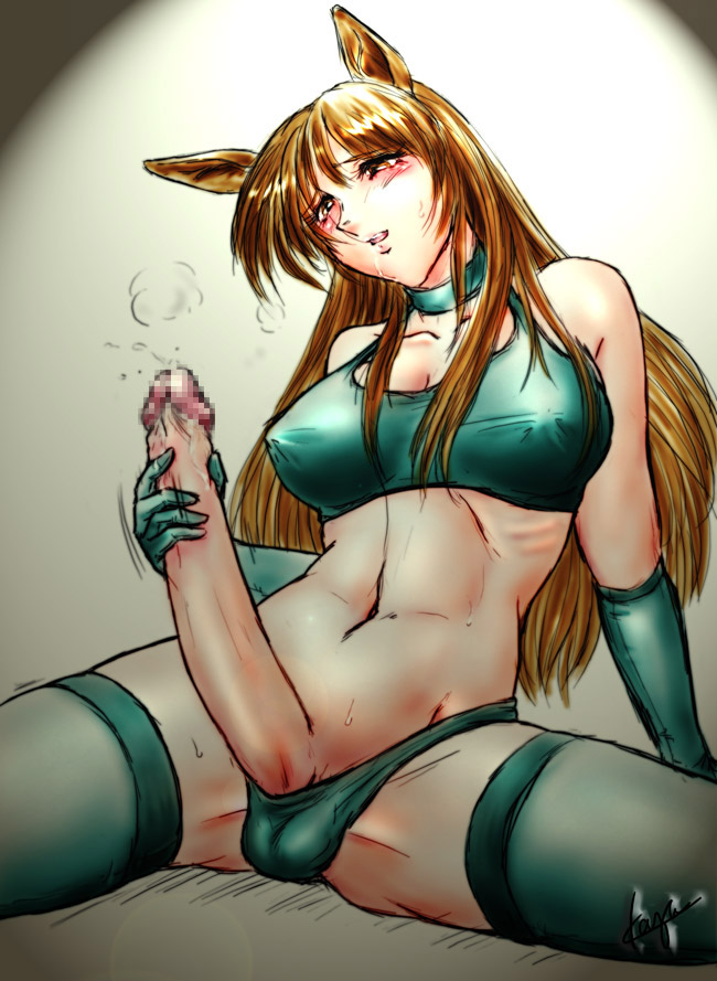 1futa animal_ear big_breasts big_penis blonde_hair blush bra breasts brown_eyes bulge censored cum cumshot drool elbow_gloves erect_nipples futa_only futanari green_lingerie herm intersex kazu large_breasts lingerie long_hair masturbation midriff navel open_mouth orgasm panties penis precum saliva sitting skimpy solail_(faya) solo spreading testicles thighhighs underwear