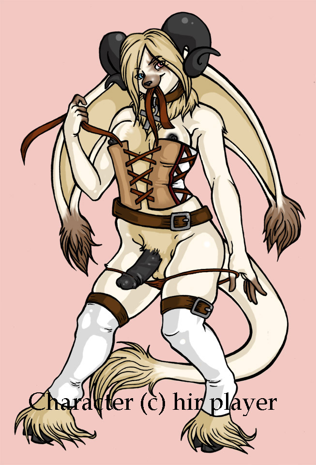 1futa ankh breasts clothing collar color corset furry herm heterochromia hooves horns hybrid intersex littleghost long_ears panties_down penis practically_nude ram_horn skimpy socks solo tagme watermark