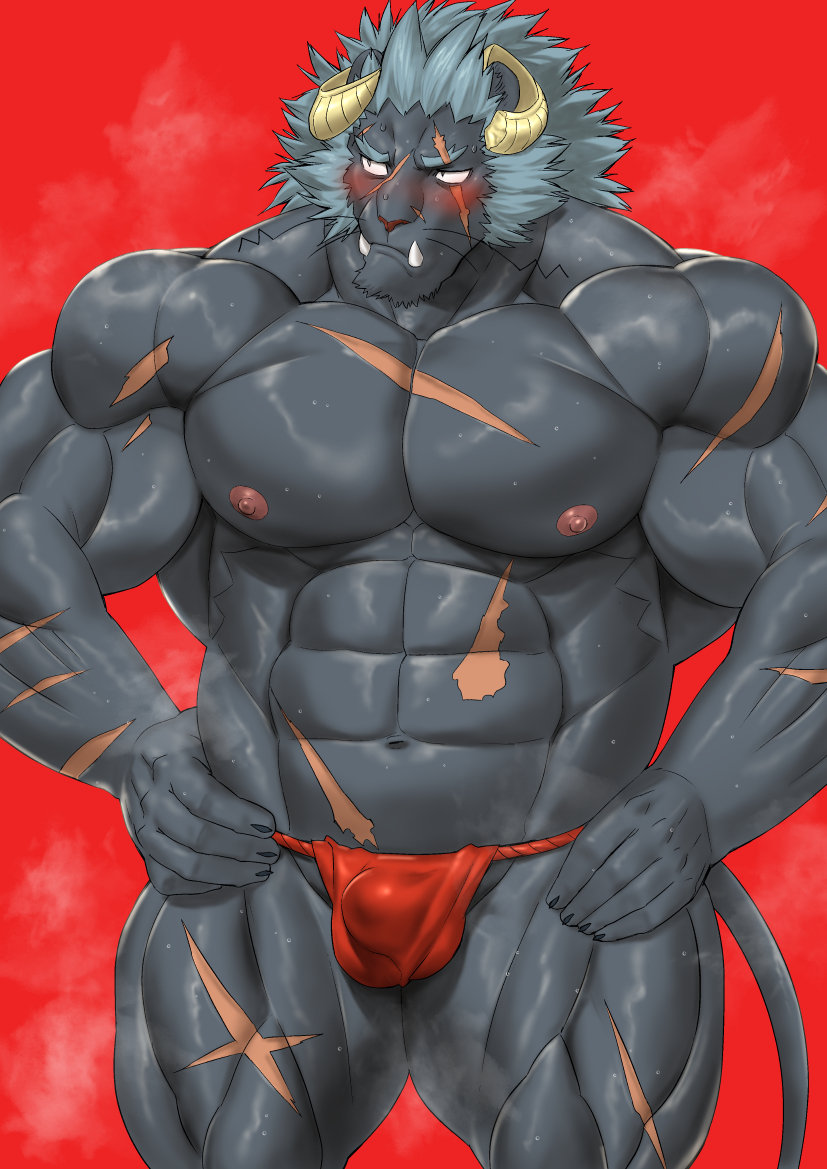 abs anthro asian_clothing balls_outline biped blue_hair bodily_fluids broken_horn bulge clothing demon detailed_bulge east_asian_clothing facial_scar felid fundoshi genital_outline hair horn japanese_clothing krampus_(tas) lifewonders lion male male_anthro mammal mane mennsuke muscular muscular_anthro muscular_male navel nipples pantherine pecs red_clothing red_fundoshi red_underwear scar solo sweat tokyo_afterschool_summoners underwear