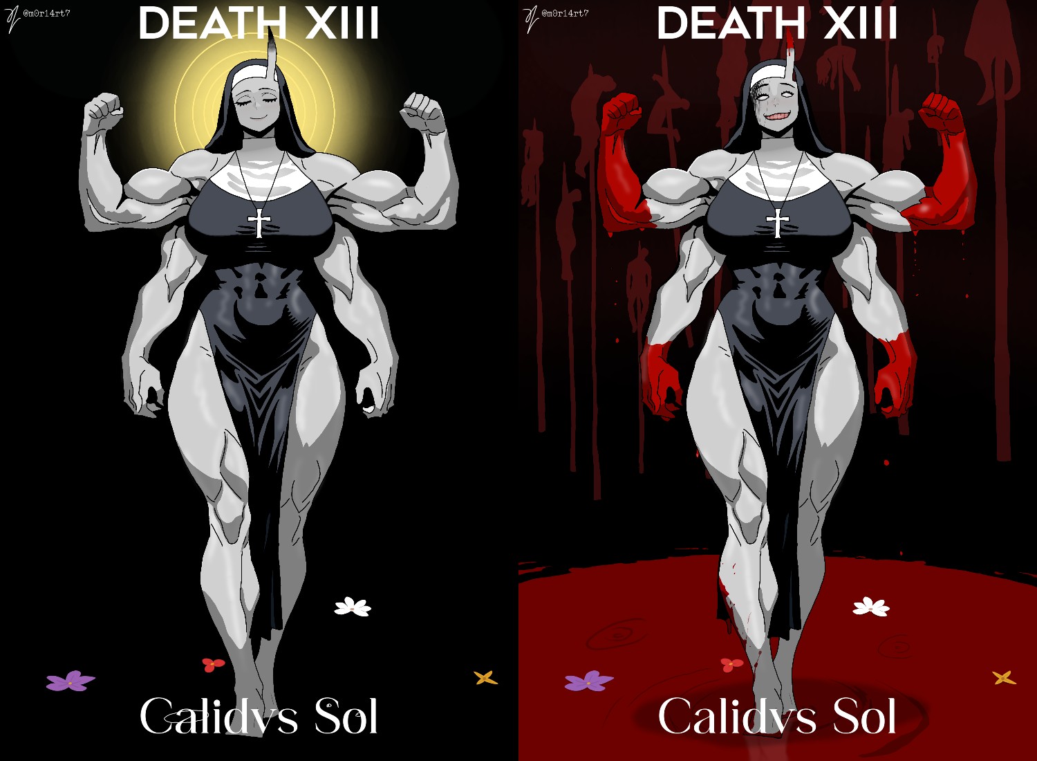 4 arms, alternate version at source, alternate version available, before and after, black background, black hair, blood drip, blood splatter, blood stain, bloodied, bloody arm, bloody teeth, calidvs sol, cross necklace, death, death xiii, female, flowers, ghilan'nain (game), giant female, grey body, halo, impalement, light skin, light-skinned female, m0r14rt7, mother of beasts (game), multi arm, multi limb, muscular, muscular female, nun, nun outfit, nun's habit, oc, oni female, original character, pale skin, pale-skinned female, pelvic curtain, scaroused, sleeveless, sleeveless dress, tarot, tarot card, teratophilia