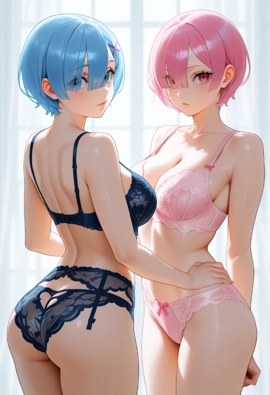 2girls ai_generated ass blue_eyes blue_hair bra female female_only lingerie looking_at_viewer looking_back multiple_girls pink_hair ram_(re:zero) re:zero_kara_hajimeru_isekai_seikatsu rem_(re:zero) underwear