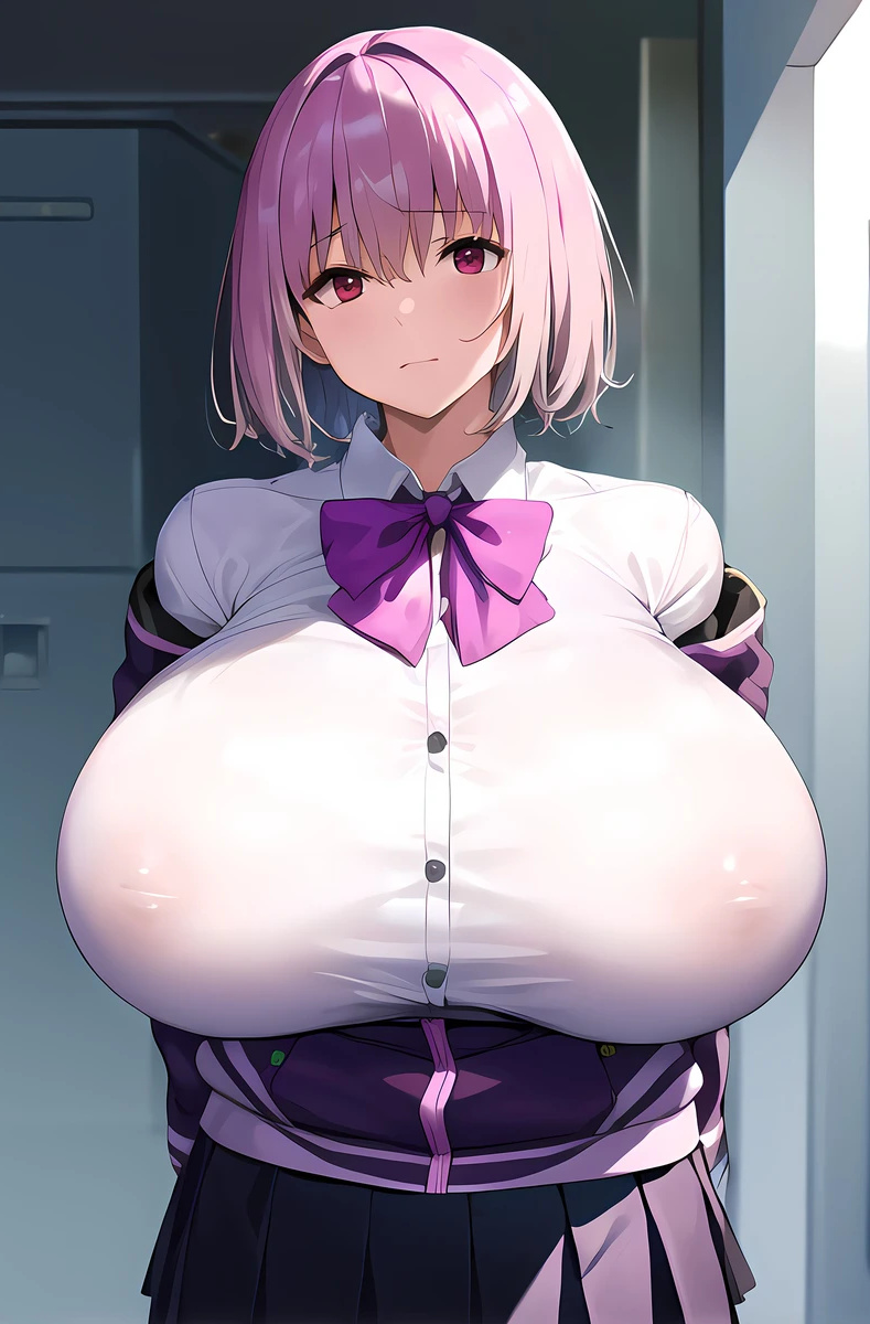 ai_generated bare_thighs blush gigantic_breasts huge_breasts huge_thighs koero_ai light-skinned_female light_skin looking_at_viewer massive_breasts nipples_visible_through_clothing pink_eyes pink_hair purple_eyes red_eyes school_uniform schoolgirl shinjou_akane short_hair solo_female squatting ssss.gridman sweat sweatdrop thick_body thick_female thick_thighs thighs voluptuous voluptuous_female