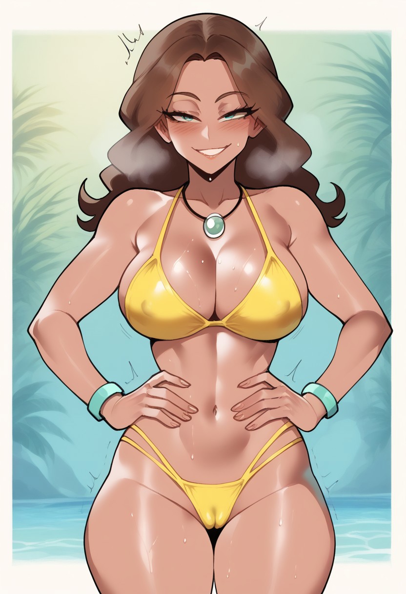 ai_assisted ai_generated big_ass big_breasts bikini bikini_bottom bikini_top blush bracelet bracelets brown_hair cameltoe dark_skin female female_focus front_view green_eyes hands_on_hips ihatethemic jewelry long_hair necklace nintendo nipple_bulge pendent pokemon pokemon_sm smile smiling smiling_at_viewer solo solo_female solo_focus sweat sweaty sweaty_body swimmer_(pokemon) swimmer_(pokemon_sm) tagme tan_body tan_skin thick_ass thick_thighs visible_breath wavy_hair wide_hips yellow_bikini