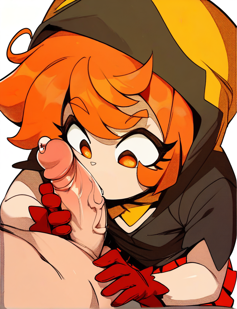 2boys ai_generated big_thighs confused confused_expression confused_look confusion exposed_skin gay hair holding_penis kimi_ga_shine licking licking_penis looking_at_penis orange orange_eyes orange_hair red_gloves rio_ranger simple_background tagme your_turn_to_die yttd