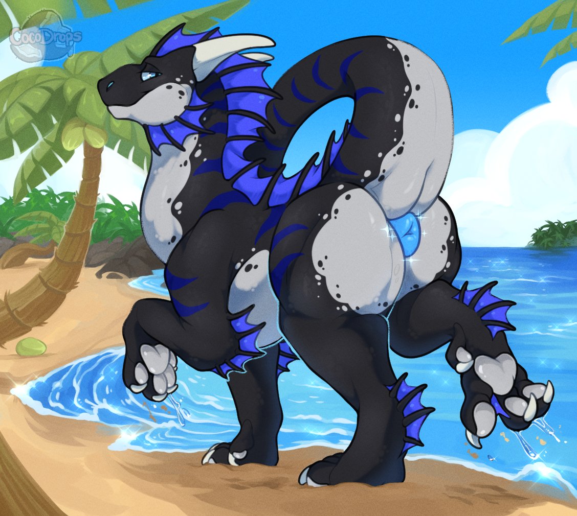 alym anus aquatic_dragon beach better_version_at_source cocodrops_(artist) dragon feral horn looking_back male marine mythological_creature mythological_scalie mythology palm_tree pawpads plant scalie smile solo tree water wingless_dragon