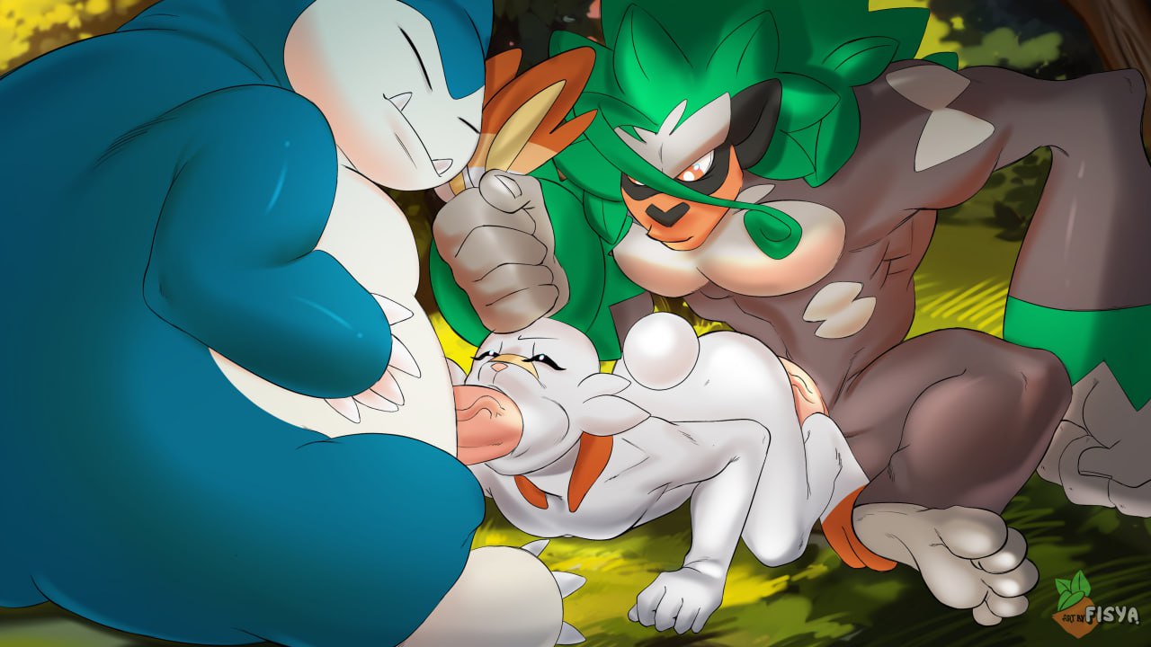 anal anal_sex anthro anthro_only blowjob femboy fisya fisyartist furry gangbang gay pokemon pokemon_(species) rillaboom scorbunny size_difference snorlax threesome