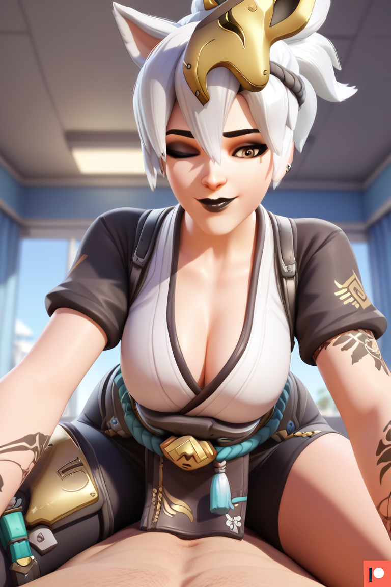 1girl1boy ai_generated bed bedroom bedroom_sex big_breasts black_lipstick brown_eyes clothed_female_nude_male clothed_sex female hair_up hashimoto_kiriko indoors kiriko_(overwatch) kiriko_kamori lipstick looking_at_partner looking_at_viewer makeup mirrorwatch omega_weirdo overwatch overwatch_2 patreon pov sex straddling white_hair wink