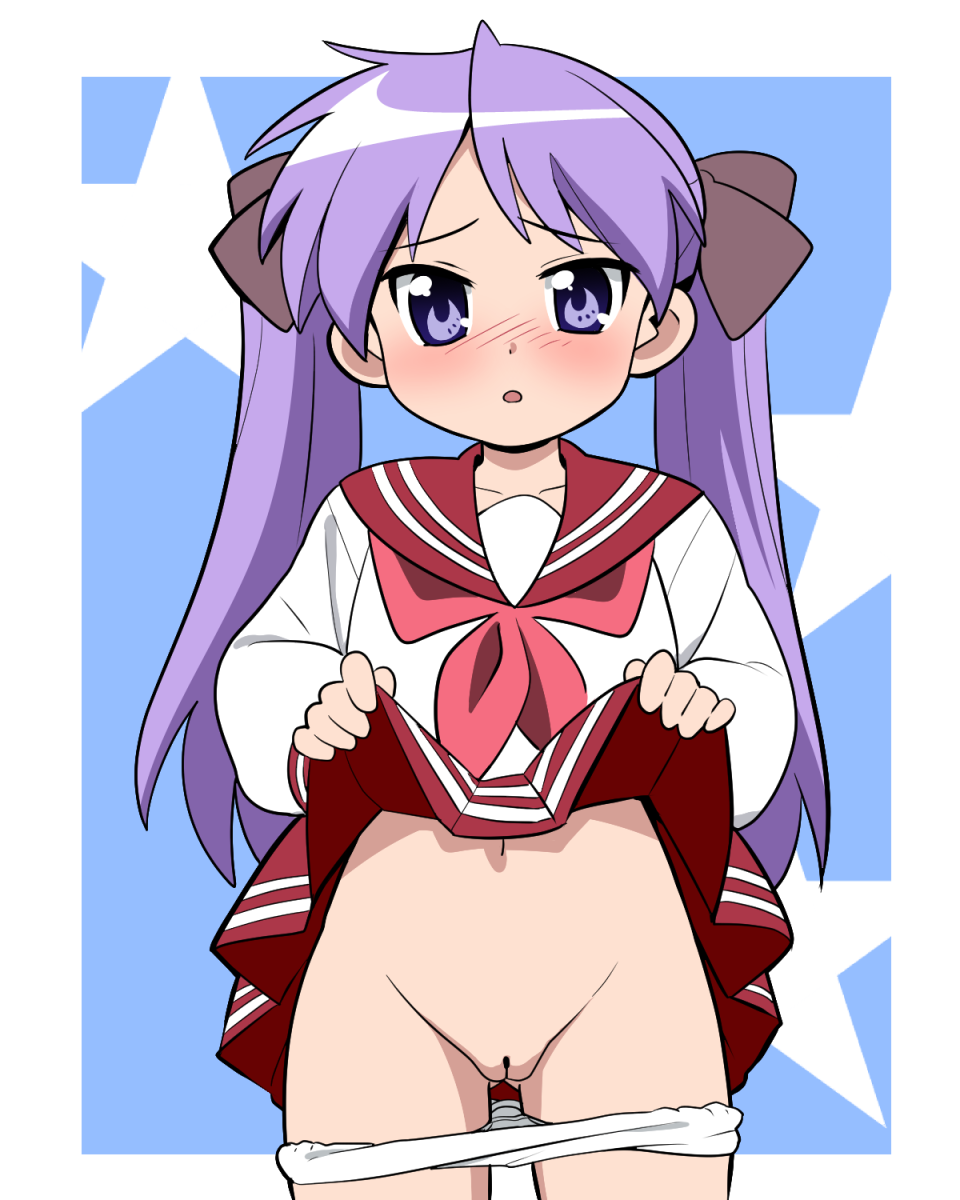 clothes_lift female highres hiiragi_kagami lifting_own_clothes long_hair lucky_star neckerchief panties panty_pull pink_neckerchief purple_eyes purple_hair pussy red_sailor_collar red_skirt ryouou_school_uniform sailor_collar school_uniform serafuku skirt skirt_lift tsurime twintails underwear white_panties young yume_yoroi