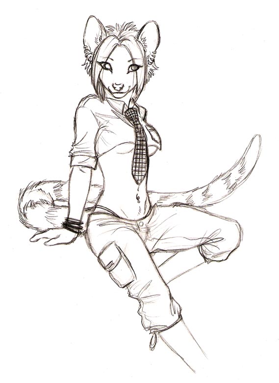 anthro female furry genet jade midriff monochrome solo speed_(artist) tie underboob