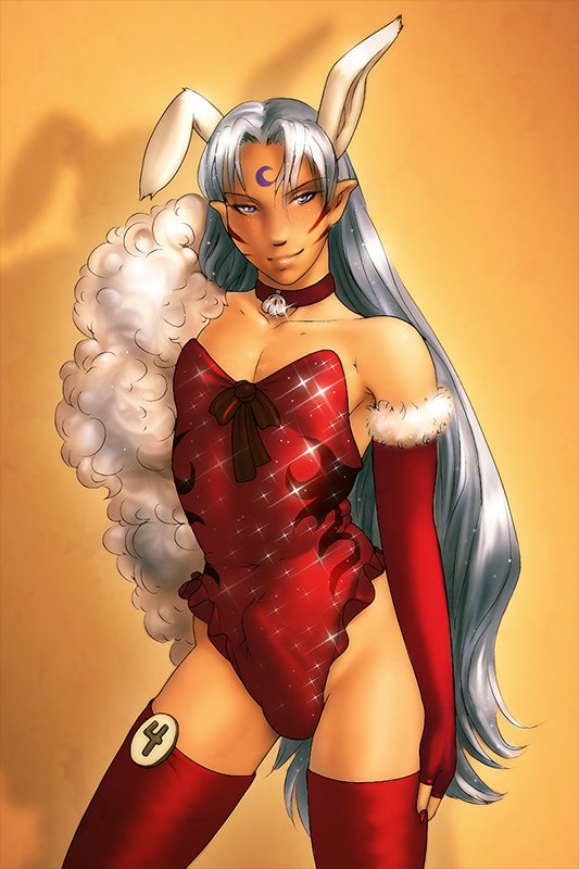 1boy androgynous balls_in_bunnysuit bulge bunny_ears bunnyboy bunnysuit choker crossdressing demon femboy feminization girly hourglass_figure inuyasha male male_only penis_in_bunnysuit pointy_ears sequins sesshoumaru silver_hair sissification solo stockings trap youkai yuni