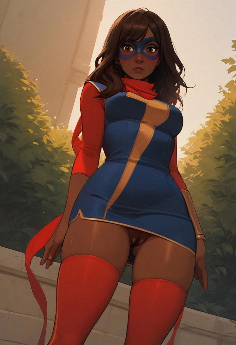 ai_generated bottomless bottomless_female brown_eyes brown_hair brown_skin brown_skinned_female building bushes kamala_khan long_socks looking_at_viewer marvel marvel_comics mask ms._marvel ms._marvel_(kamala_khan) muslim muslim_female outdoors pakistani pakistani_female scarf scarf_only sky superhero superheroine