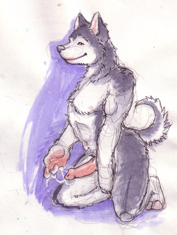 1boy anthro canine cum fur furry husky male male_only nitrogen nude penis solo