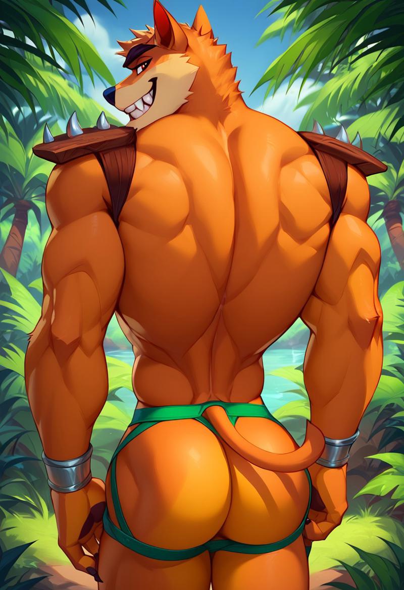 ai_generated ass back biceps blush crash_(series) furry furry_male gay jockstrap jockstrap_only looking_at_viewer looking_back male male_only muscular muscular_male nude_male orange_fur red_eyes smile tiny_tiger toned_body toned_male twall97