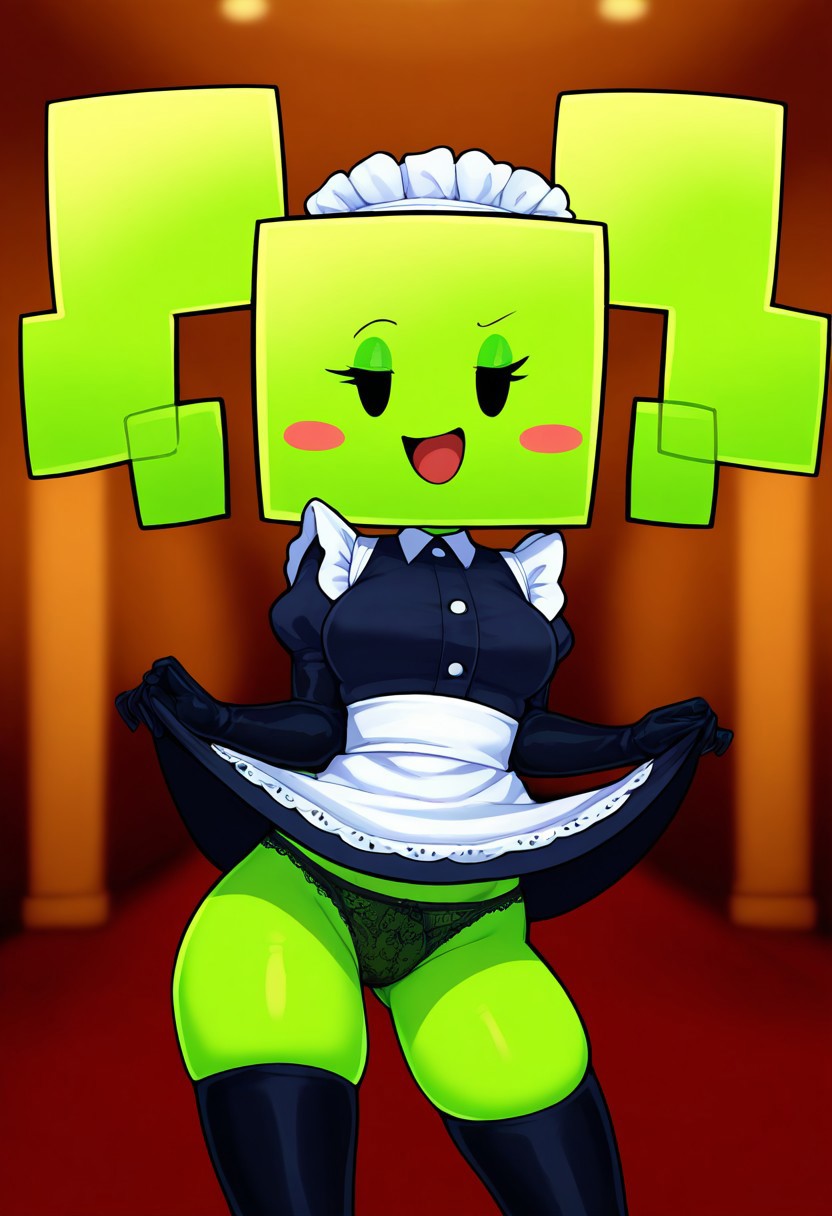 1girls, 2025, ai generated, background, black eyes, blush, civitai, cubic body, d3rmal, female, green body, green skin, happy, indoors, maid, maid uniform, mario (series), mimi (super paper mario), naughty face, nintendo, panties, seductive, solo, standing, stockings, super paper mario, tagme, window