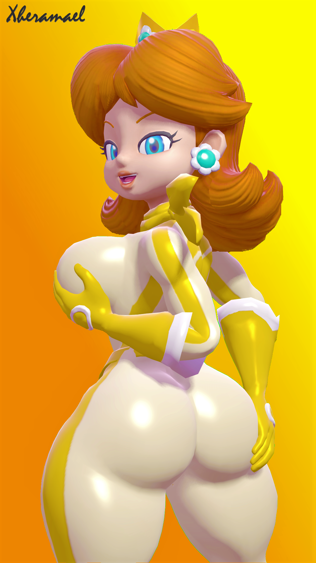 1girls, 3d, 3d (artwork), ass, big ass, big breasts, big butt, bimbo, blue eyes, bodysuit, breasts, brown hair, crown, female, gloves, hand on ass, hand on breast, hand on butt, holding breast, kabalmystic (style), looking at viewer, looking back, mario (series), mario kart, nintendo, princess daisy, self upload, sfm, smile, smiling, smiling at viewer, solo, solo female, source filmmaker, thick ass, thick thighs, tight clothing, tight pants, xheramael