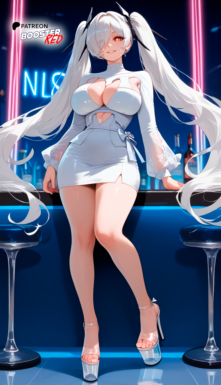 1girls ai_generated boosterred99 cinderella_(nikke) cinderella_(nikke)_(cosplay) cleavage cleavage_cutout club dress feet female full_body fully_clothed goddess_of_victory:_nikke hair_over_one_eye headgear heels high_heels large_breasts legs long_hair long_sleeves neon_lights open_toe_shoes pencil_skirt pony_diffusion_xl red_eyes ringed_eyes seductive_look seductive_smile standing toes twintails white_dress white_hair white_pupils