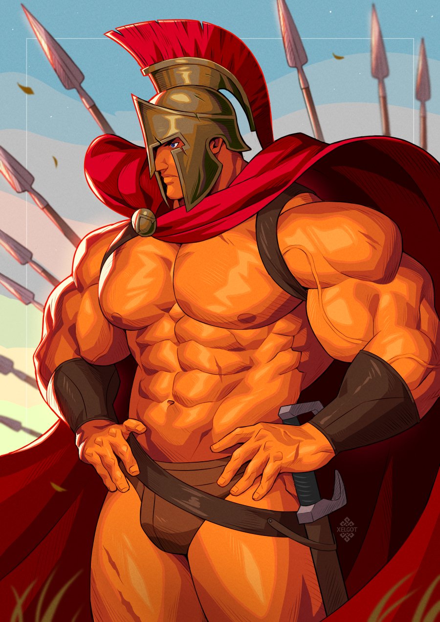 bara, big pecs, bulge, gladiator, helmet, helmet only, male, male only, muscular, muscular male, no visible genitalia, solo, spartan, xelgot