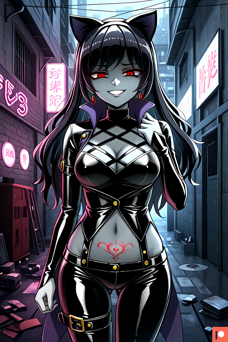 ai_generated alley alleyway big_breasts black_hair blake_belladonna brainwashed corrupted corruption earrings evil_grin evil_smile female grey_skin latex_clothing latex_suit looking_at_viewer omega_weirdo patreon pov red_eyes rwby womb_penetration womb_tattoo