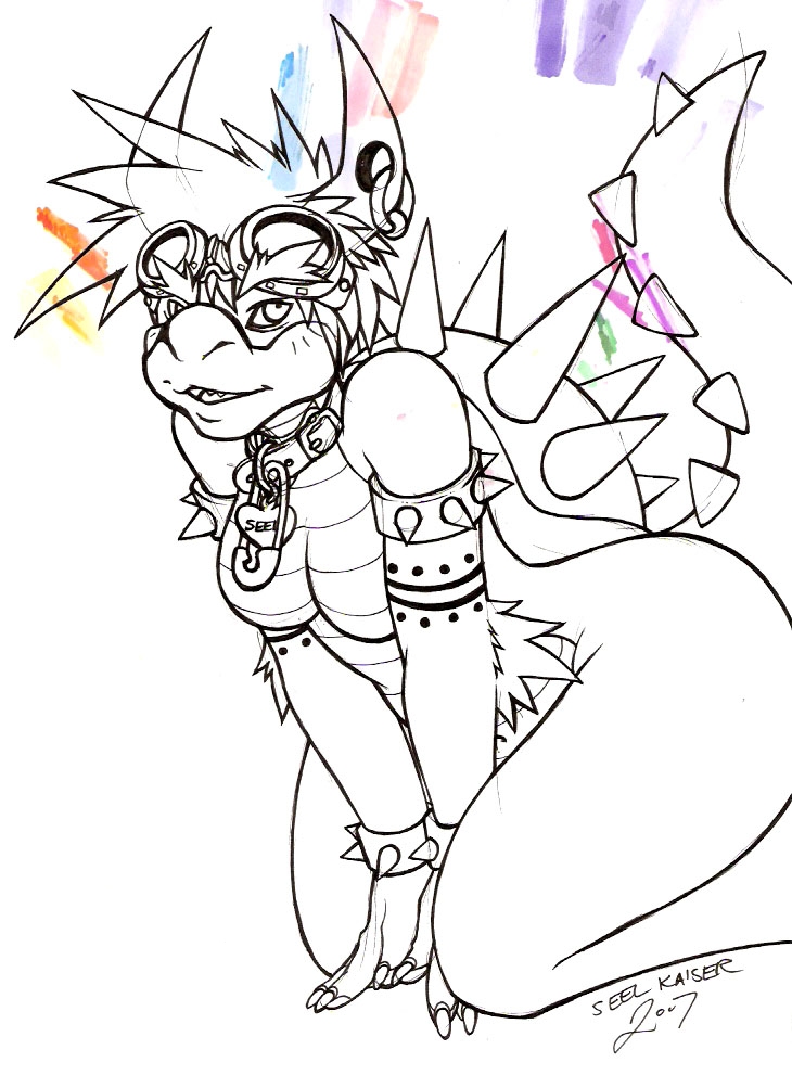 anthro anthrofied bowser collar female female_bowser female_only genderswap_(mtf) goggles koopa mario_(series) nintendo nude piercing rule_63 scalie seel_kaiser solo