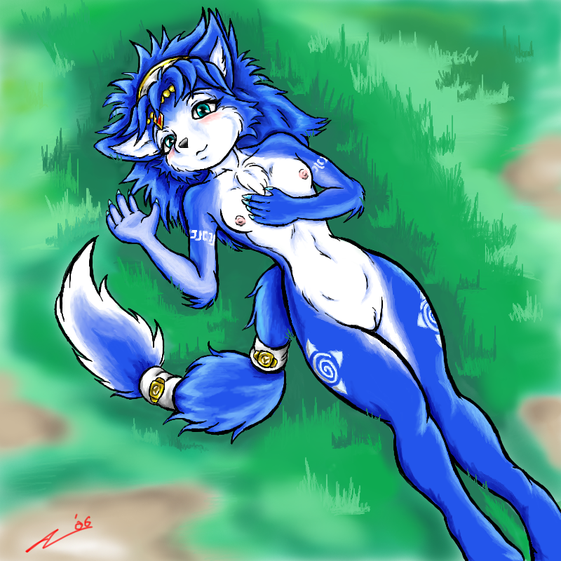 anthro atmongoose blue_fur canine chest_tuft female fox fur furry grass krystal nude on_back solo star_fox video_games