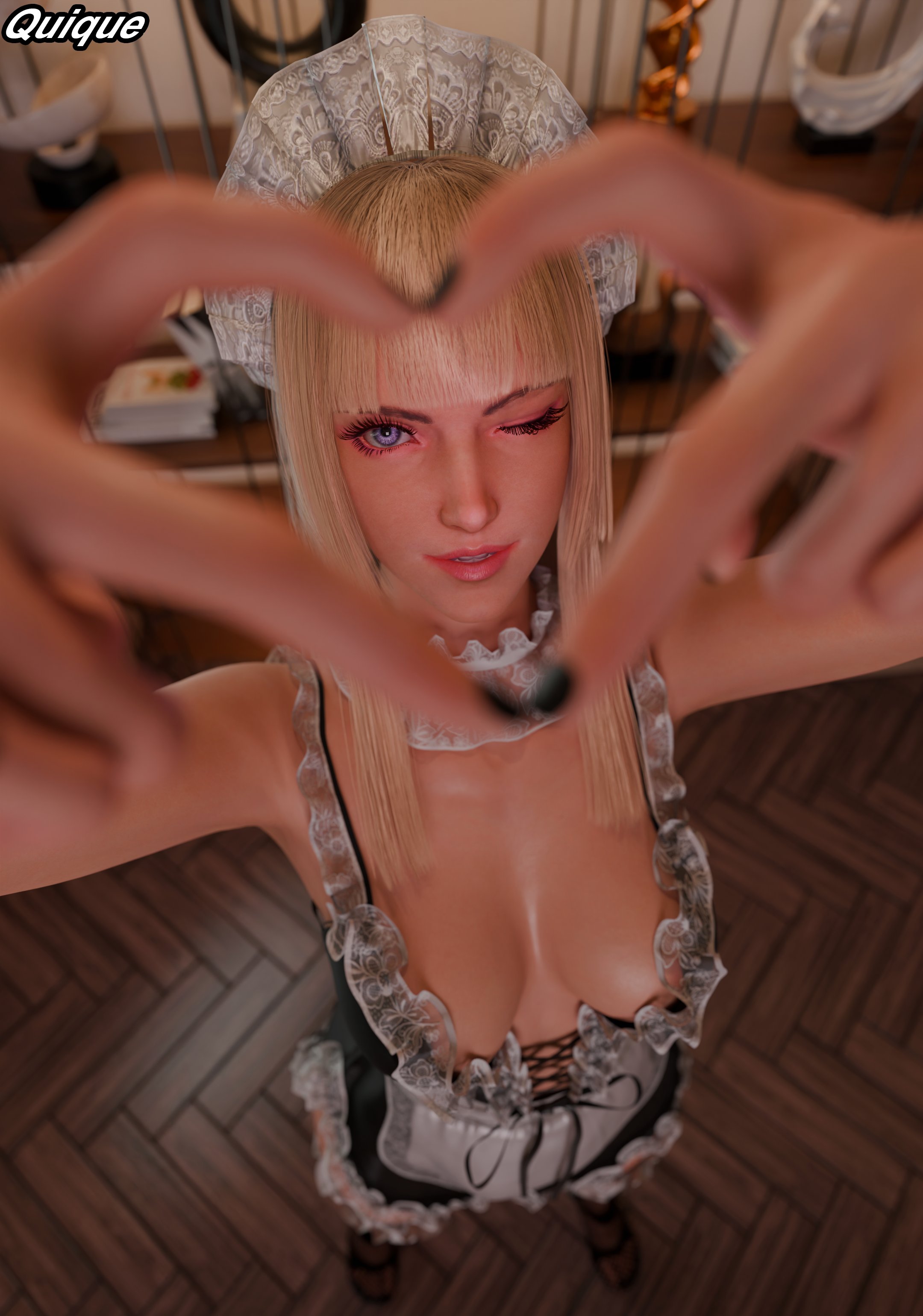 3d, blonde hair, cleavage, emilie de rochefort, female, female focus, female only, heart symbol, maid, maid headdress, maid outfit, maid uniform, purple eyes, quique19 96, tagme, tekken, tekken 8