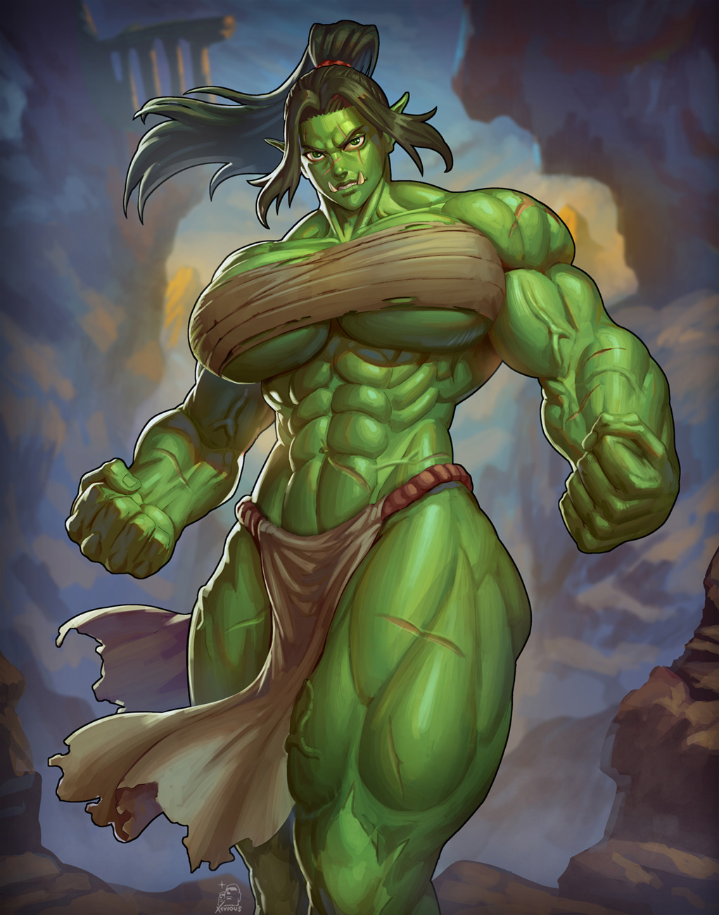 abs action_pose big_breasts black_hair chest_wraps curvy_female female female_abs female_only huge_breasts loincloth long_hair looking_at_viewer muscular muscular_arms muscular_female muscular_thighs oc orc orc_female pose scars solo solo_female xeviousg