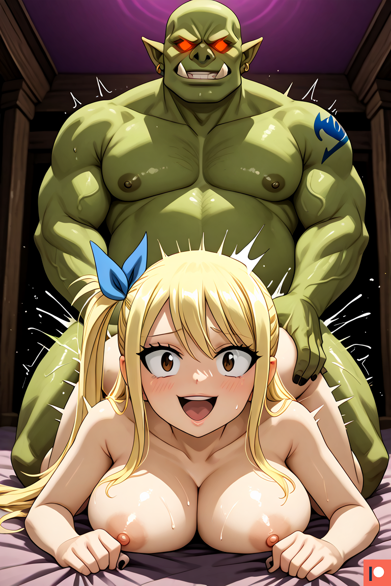 1girl1boy ai_generated bed bedroom bedroom_sex big_breasts blonde_hair blush breast_press brown_hair constricted_pupils cum cum_in_pussy cum_inside doggy_style doggy_style fairy_tail female fucked_from_behind goblin happy happy_sex hobgoblin lucy_heartfilia monster monster_cock monster_on_female monster_sex motion_lines naked naked_female omega_weirdo patreon pleasure_face ribbon side_ponytail smile taken_from_behind tusks