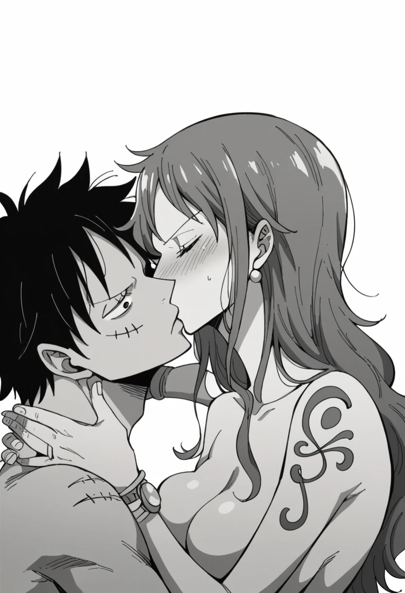 ai_generated artist_request big_breasts female kiss male monkey_d_luffy nami nami_(one_piece) nude one_piece tatto