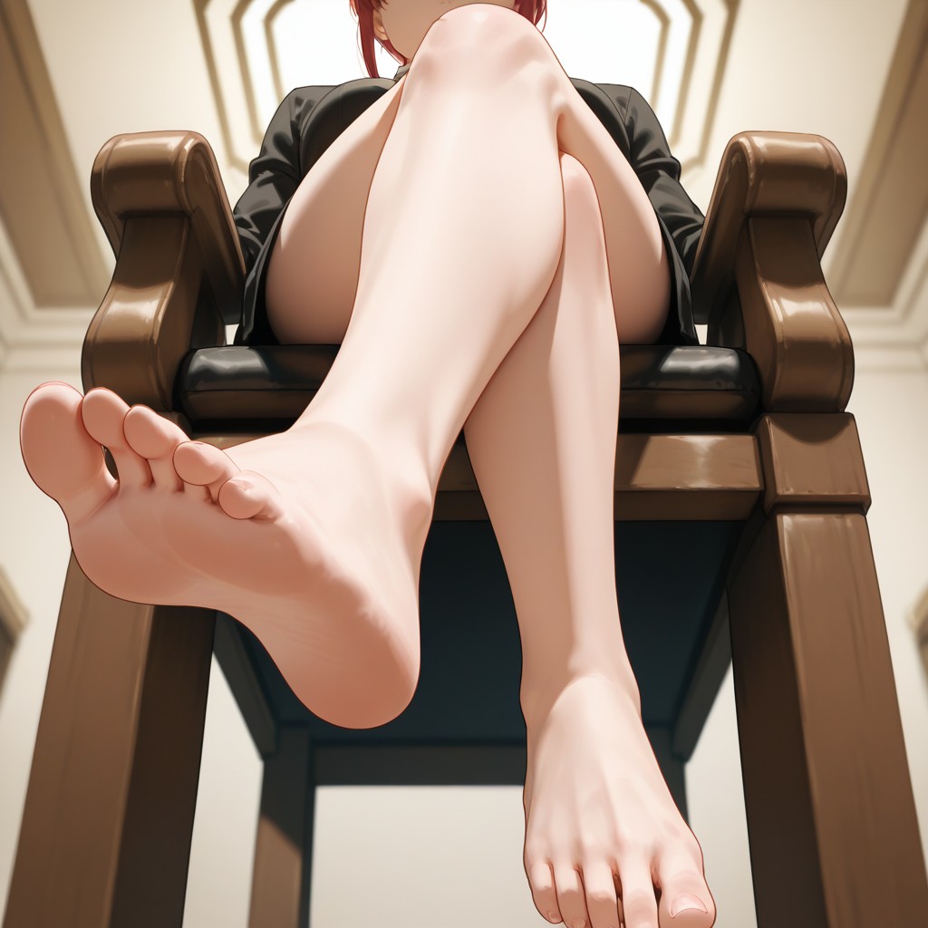 ai generated, barefoot, chainsaw man, feet, female, legs, legs crossed, makima (chainsaw man), sitting, sitting on chair