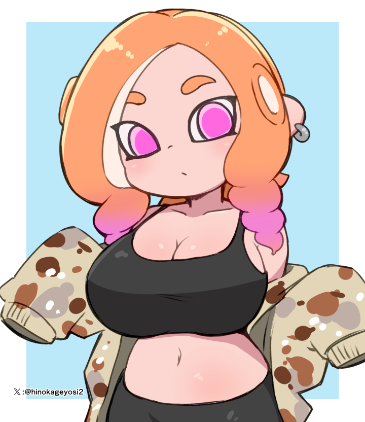 1girls big_breasts breasts cleavage light_skin looking_at_viewer makino_nono nintendo octoling octoling_girl oni_wasabi_(makino_nono) orange_hair pink_eyes shorts simple_background solo splatoon splatoon_(series) splatoon_3 sports_bra