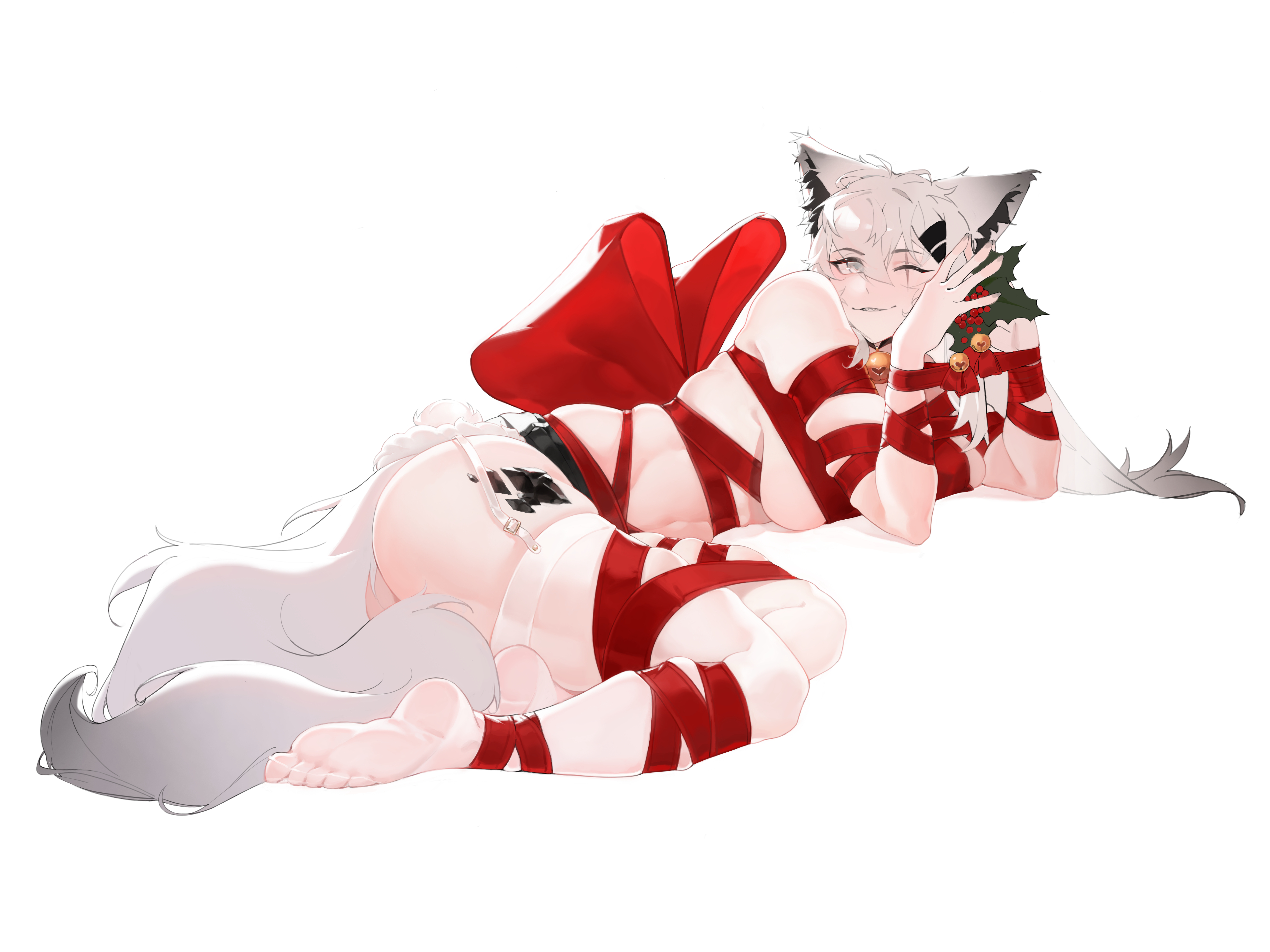 1girls, 2025, animal ears, arknights, barefoot, christmas, dibillius, fangs, feet, female, hi res, kemonomimi, lappland (arknights), light skin, light-skinned female, long hair, looking at viewer, naked, naked female, nude, nude female, one eye closed, present, ribbon, ribbon bondage, ribbons, scar, simple background, smile, solo, tail, white hair, wolf ears, wolf girl, wolf tail