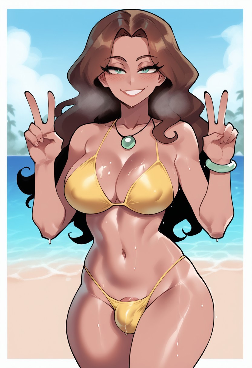 ai_assisted ai_generated big_ass big_breasts bikini bikini_bottom bikini_top blush bracelet bracelets brown_hair bulge bulge_in_panties bulge_through_clothing bulge_under_clothes dark_skin front_view futa_focus futa_only futanari green_eyes ihatethemic jewelry long_hair necklace nintendo pendent pokemon pokemon_sm solo solo_focus solo_futa sweat sweaty sweaty_body swimmer_(pokemon) swimmer_(pokemon_sm) tagme tan_body tan_skin thick_ass thick_thighs wavy_hair wide_hips yellow_bikini