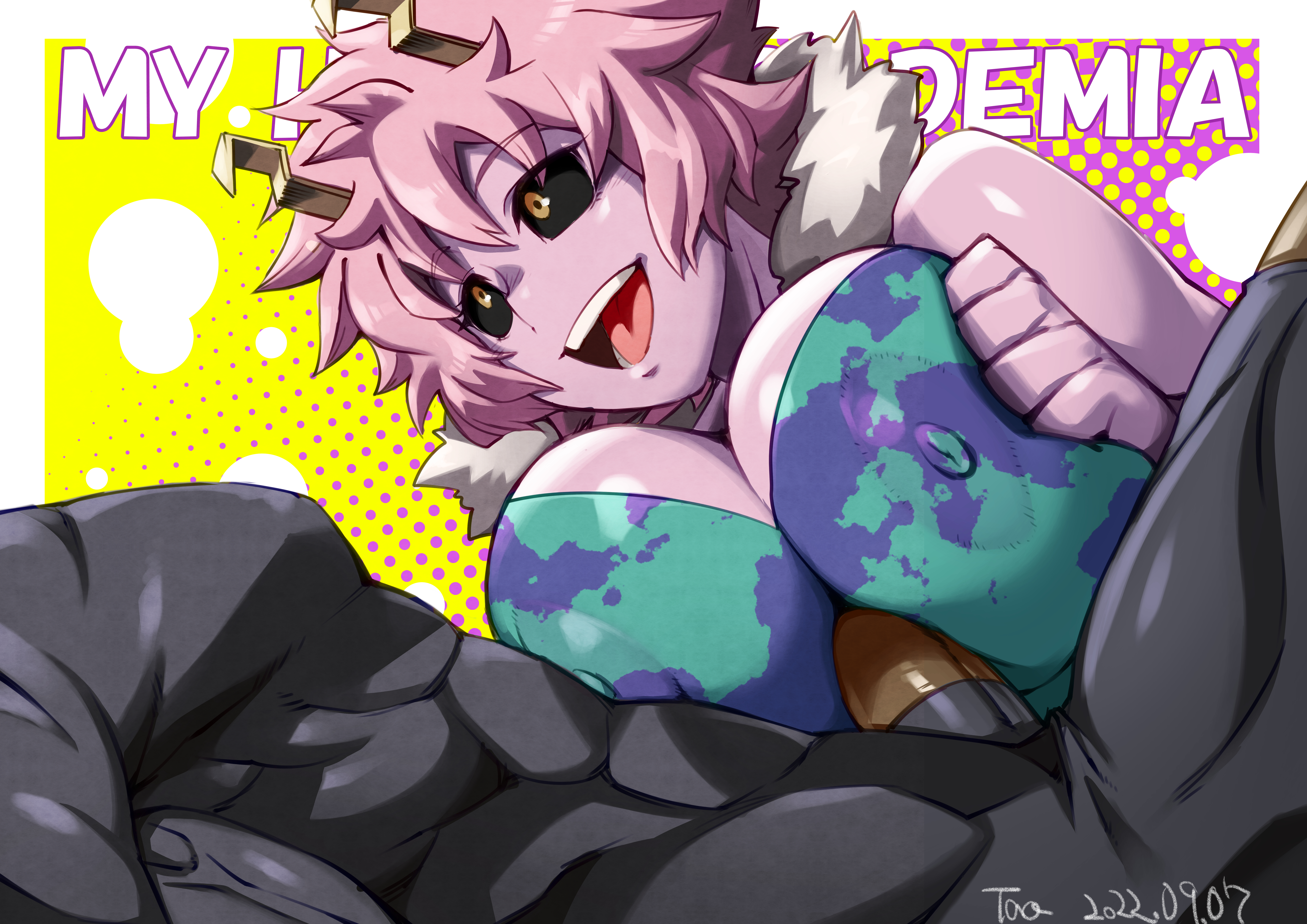 1boy, 1girls, 1monster, absurd res, big breasts, black body, black sclera, breasts, clothed titjob, female, happy, hero outfit (mha), high resolution, horns, huge breasts, konakona, male, mina ashido, muscular, muscular male, my hero academia, nipple bulge, nomu, paizuri, penis, pink body, pink hair, pink skin, protagonistsub antagonistdom, short hair, titjob, yellow eyes