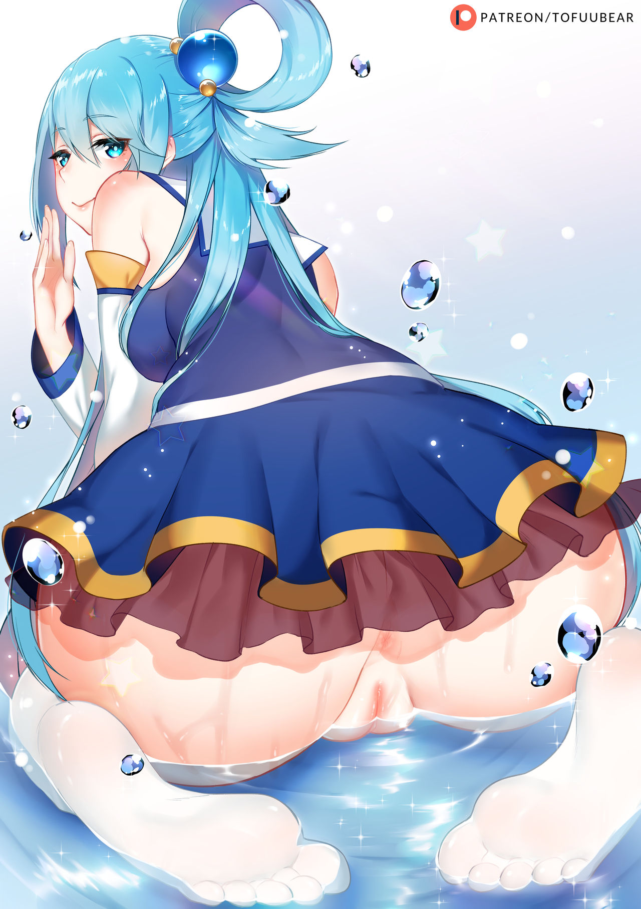 1girls, aqua (konosuba), ass, big breasts, blue hair, bottomless, breasts, feet, female, female only, kono subarashii sekai ni shukufuku wo!, naked, solo, tofuubear, uncensored